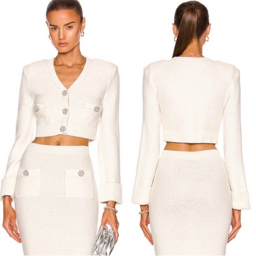 Self-Portrait Cardigan Cropped Faux-Pearl Embellishment in Ivory White